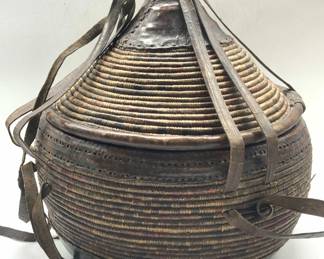 Vintage Rattan & Leather Woven African Food Basket