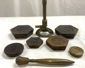 Lot 8 Iron Weights & Bunson Burner & Pestle