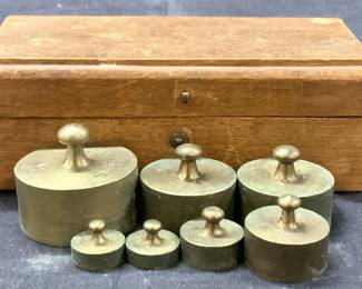 Vintage Brass Scale Weights In Wooden Box