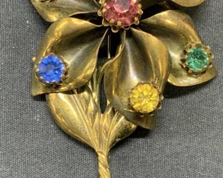Vintage Gold Crystal Flower Brooch, 4 Inches