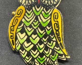 Vintage Lacquered Owl Brooch, Germany