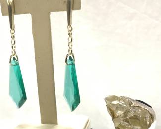 Sterling Silver Quartz Ring & Pair Prism Earrings