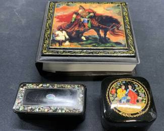 Lot 3 Russian Lacquered Wood Box, More