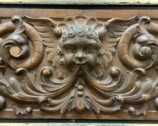 Vintage Carved Wood Cherub Head Framed Mantel Art