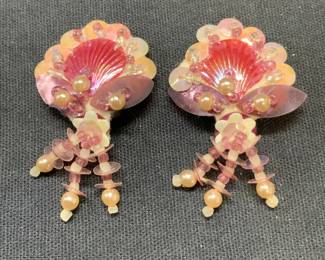 Vintage Pink Beaded Shell Earrings