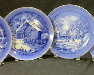 CURRIER & IVES Set 4 Gilt Rim Porcelain Plates