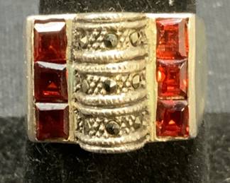 Sterling Silver Marcasite & Red Crystal Ring
