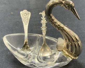 3 Swan Salt Cellar W Spoon & Sterling Silver Spoon