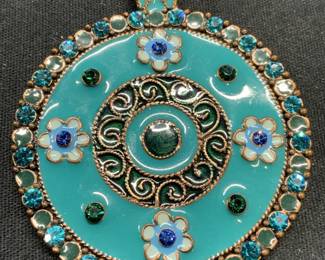 Turquoise Enamel Crystal Flower Statement Pendant