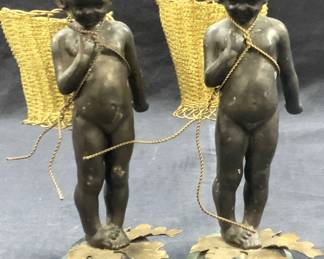 Pr Bronze Cherub Figurals W Gold tn Wire Baskets