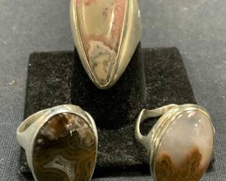 Lot 3 Sterling Silver Agate Gemstone Rings