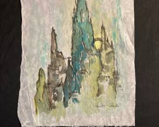 Colorful Mountain Painting on Papyrus Paper by Paulette Hunter