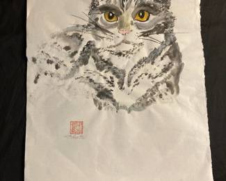 Gray/White Cat Watercolor Painting by Paulette Hunter