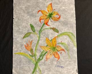 Orange Day Lily Painting on Papyrus Paper by Paulette Hunter