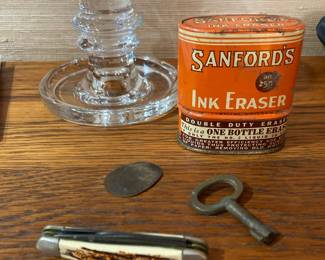 1950's Sanford's Ink Eraser, Solid Glass Pilar Candle Holder