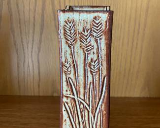 Brown/Cream Potter Rectangle Vase with Engraved Wheat Design