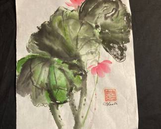 Leafy Pink Lotus Watercolor Painting by Paulette Hunter