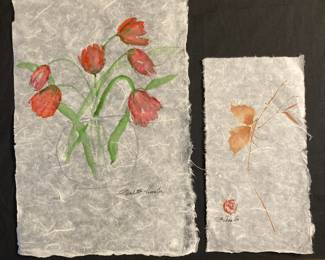 Red Tulips in VasePainting on Papyrus Paper by Paulette Hunter, Wild Grass Painting by Paulette Hunter