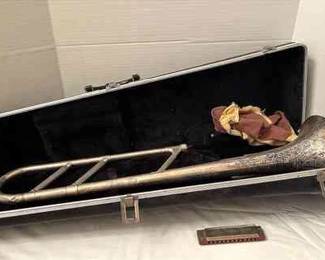 Antique Trombone With Case Marine Band Harmonica
