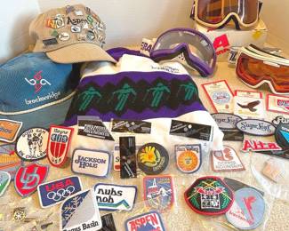 2 Ski Hats, 3 Goggles, Jackson Hole Crewneck Size L, Ski Patches Pins Variety