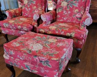 2 Wingback Chairs And Ottoman With Floral Upholstery