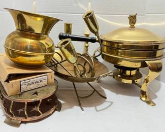 Brass Chafing Dish, Candlesticks, Spittoon, Key Holder, And More