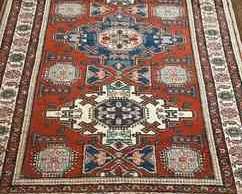 Brick Red, Blue, White Traditional Persian Style Fringed Rug