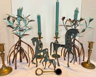 Brass And Copper Candlesticks And Brass Horses
