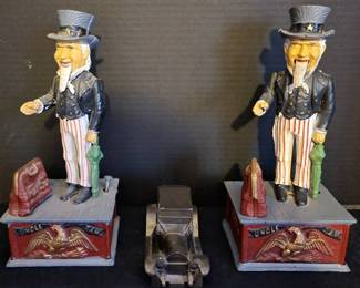 2 Vintage Uncle Sam Mechanical Drop Cast Iron Coin Banks And 1 Metal Car Coin Bank