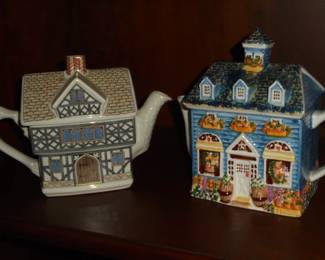 2 tea pot houses green & blue  Tudor House tea pot  Staffordshire England  Henry VIII  1509-1547