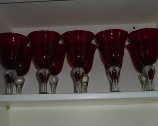 10 Red stemmed glasses