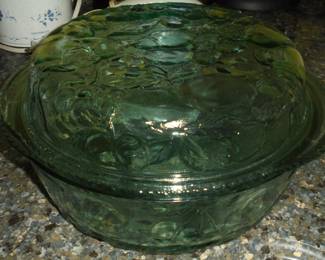 Green embossed covered casserole dish