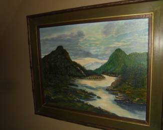 Wood framed picture of river. L. Sharp 1972