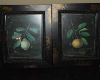 Pair framed pictures of orange & pear
