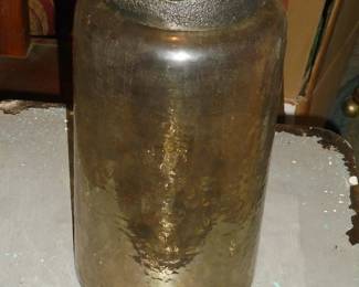 Antique large glass jar w/hammered iron lid