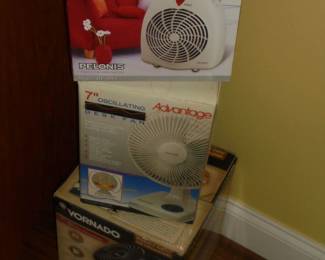Fan forced heater in box /  7" Advantage oscillating fan in box / Vornado fan air circulator in box