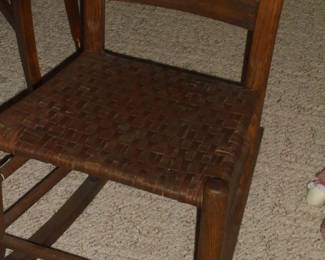 Antique small youth wood ladder back rocker w/woven seat