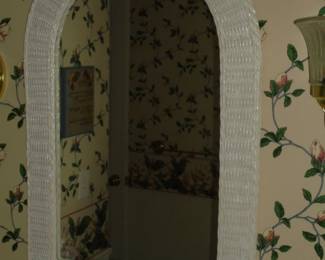 White oval top wicker mirror