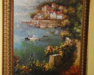 Large  framed Mediterranean oil painting coastal village 