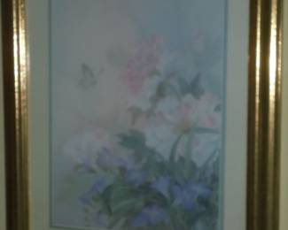 Gold frame & matted water color - butterfly w/flowers