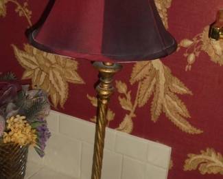 Gold table lamp w/burgundy shade