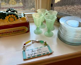 Dishes, Frosted Green Glasses & John Deere Cookie Jar 