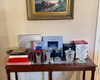 Matching side table, collection of crystal & Thomas Kinkade artwork