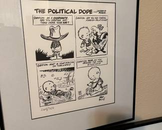 Numerous framed graphic art.