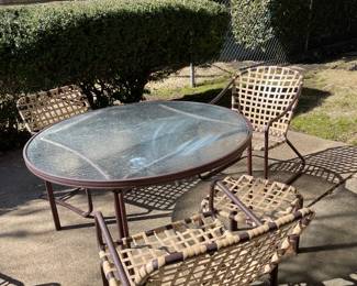 Vintage Brown Jordan Tamiami patio dining set, brown with cream straps.