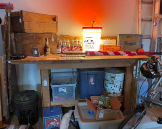 Vintage Borden boxes, Dr Pepper bottles, camping light and 5 speed foldable bike.