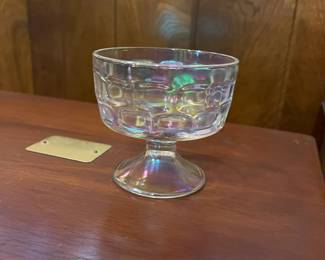Federal Glass rainbow iridescent footed dessert bowls.