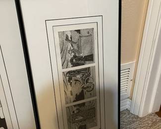 Numerous framed graphic art.