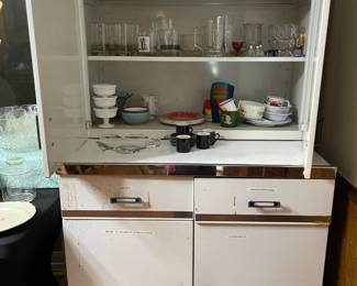 Mid Century modern white enamel cabinet (two pieces)