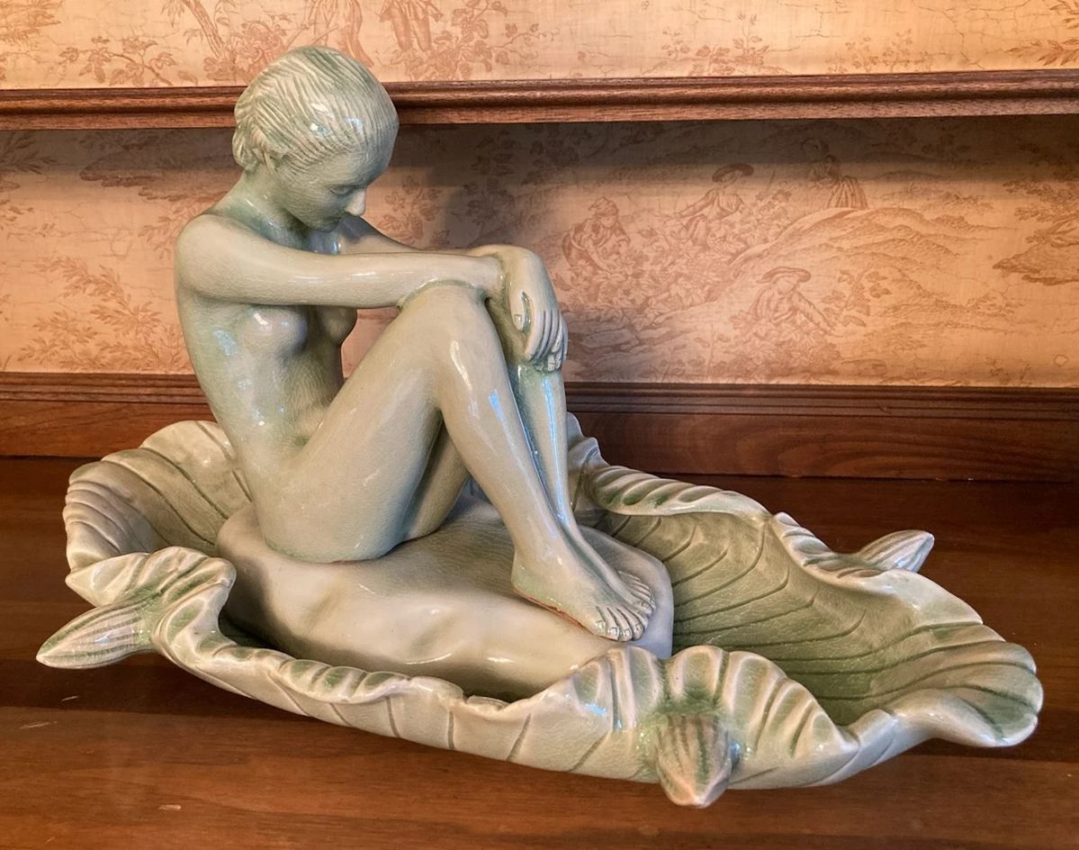 Thai Celadon Nymph in Lotus Vase Sculpture